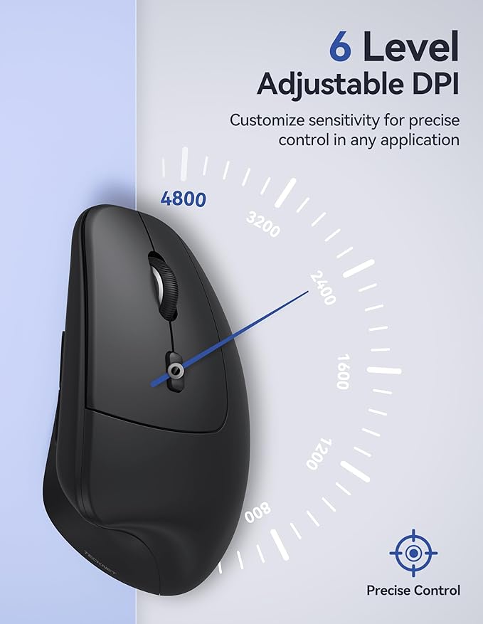 TECKNET Ergonomic Mouse, Wireless Vertical Mouse, 4800 DPI, Rechargeable Bluetooth Mice for Carpal Tunnel Right Hand, 3-Device Connectivity for Laptop, PC, MacBook, Black