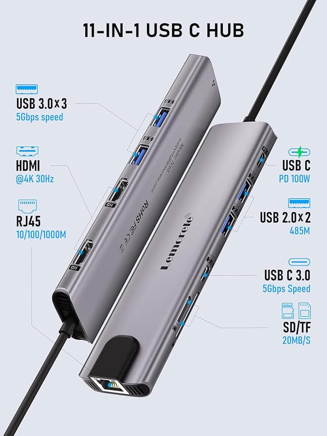 Aluminum Docking Station USB-C Hub with 2 HDMI, Gigabit Ethernet, 4 USB A, USB-C 3.0, PD 100W, SD/TF, 1000Mbps RJ45 LAN Dock Adapter for MacBook Docking Station Laptop, Supports 2 Monitor