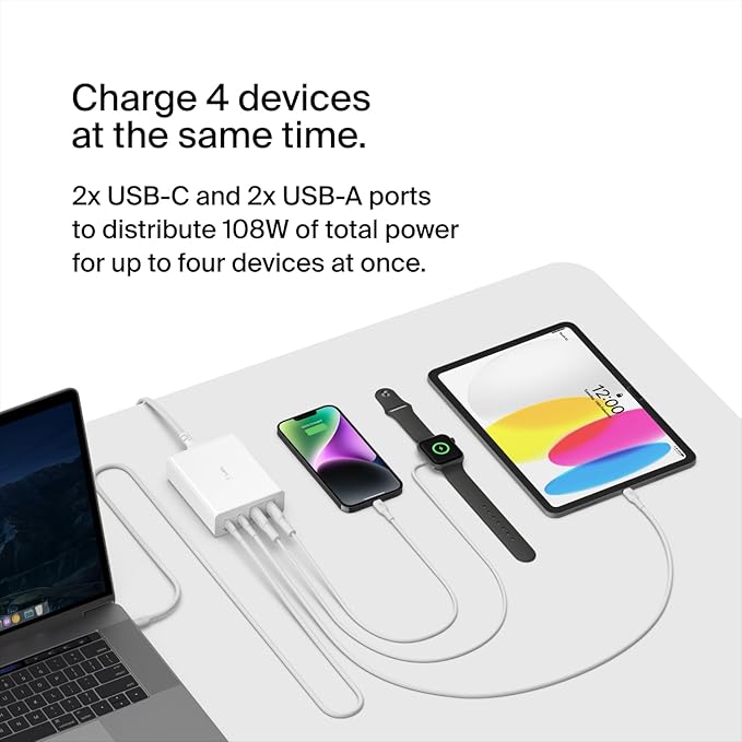 Belkin 4-Port Charger Block 108W - GaN Charger, Multi-Port w/ USB-C PD Fast Charge & USB-A Ports for Apple MacBook, iPhone 17, Samsung Galaxy S25, Google Pixel 10, Nintendo Switch 2 & More - White