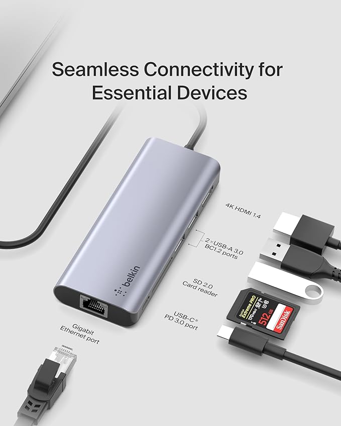 Belkin USB C Hub, 6-in-1 MultiPort Adapter Dock with 4K HDMI, USB-C 100W PD Pass-Through Charging, 2 x USB A, Gigabit Ethernet Ports and SD Slot for MacBook Pro, Air, iPad Pro, XPS and More