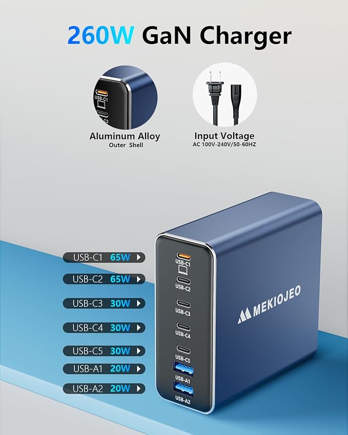 Aluminum Alloy USB C Charger 260W GaN Fast USB C Charging Station 7 Ports 65W Laptop Charger for MacBook Pro/Air/iPad Pro/iPhone (Blue)