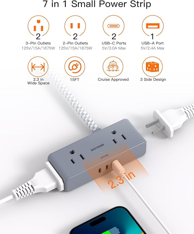 Extension Cord 15 ft, BESHON Flat Plug Power Strip, Long Power Strip, 4 Widely Outlets with 3 USB Ports (2 USB C), Extension Cord with Multiple Outlets for Home, Office, Dorm Room Essentials Gray