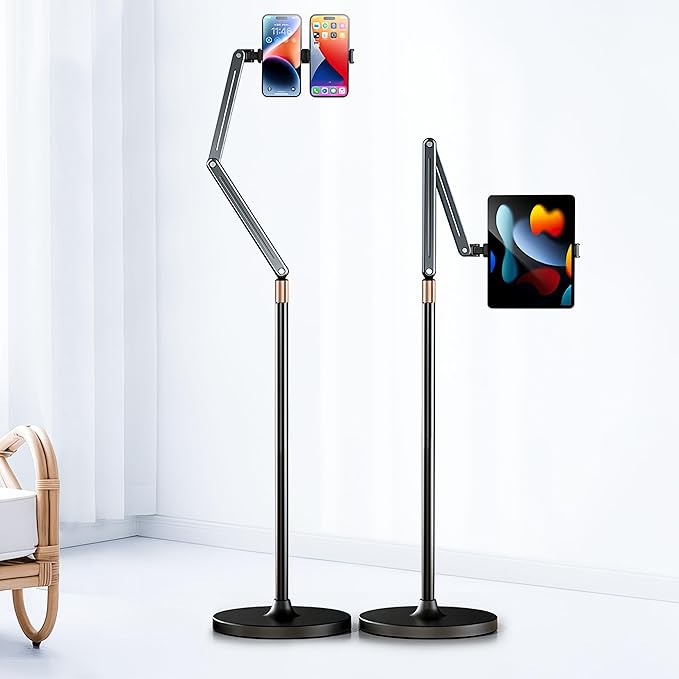 Tablet Floor Stand, Angle& Height Adjustable iPad Floor Stand, 2025 Dual-Device iPad & Phone Mount, 360°Tablet Holder for Live Streaming, Overhead Shots & Multi-Angle Recording (4.7"-13")