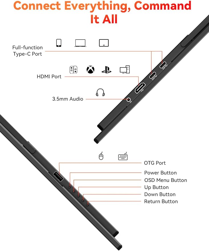 HotYeah 23.8" 100Hz Portable Monitor, 1080P FHD 100% sRGB IPS USB-C HDMI Large External Monitor, Home Gaming 2nd Screen w/180° Adjustable Kickstand for MacBook, Laptop, PC, Phone, Tablet, Switch, PS5