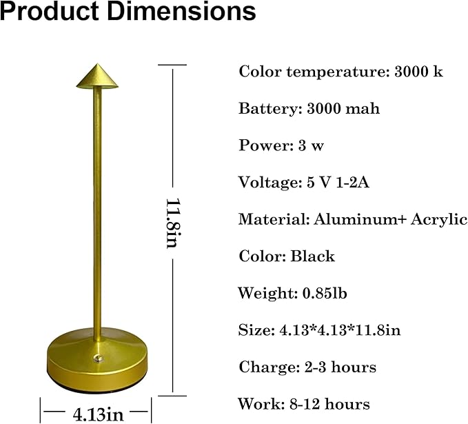 Rechargeable Cordless Lamps,3000mAh Battery Operated Table Lamp,Portable LED Touch 2 Levels Brightness Dimmable Bar Lamp,Battery Powered Lamps for Bars,Restaurant,Living Room(2 Pack,Gold)