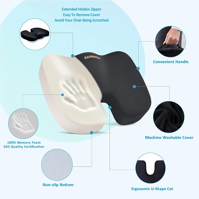 SAIREIDER Seat Cushion and Lumbar Support Pillow for Office Chair, Memory Foam Car Seat Cushions Back Support Pillows, Help Relieve Pain of Back, Lumbar, Tailbone and Sciatic Nerve（Black）