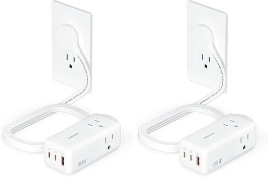 TESSAN USB Charging Station PD 30W, Flat Plug USB C Charger Blocks with 3 AC Outlets, Desktop Phone Fast Charger with 5FT Extension Cord for Phone Tablet Laptop, Travel, Office (Pack of 2)