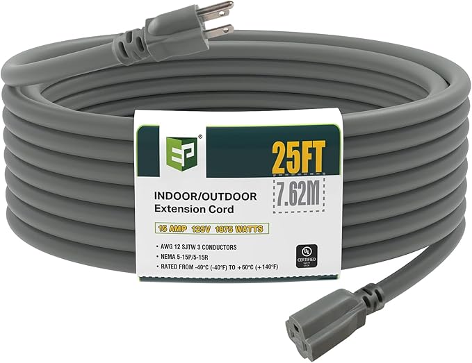 EP 25 Ft Outdoor Extension Cord, 12/3 SJTW Heavy Duty Extension Cable with 3 Prong Grounded Plug, 15 AMP Power Cord for Lawn, Garden, Appliances, Gray