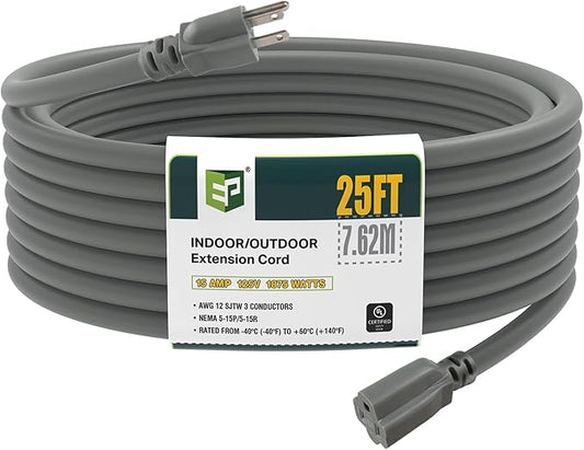 EP 25 Ft Outdoor Extension Cord, 12/3 SJTW Heavy Duty Extension Cable with 3 Prong Grounded Plug, 15 AMP Power Cord for Lawn, Garden, Appliances, Gray