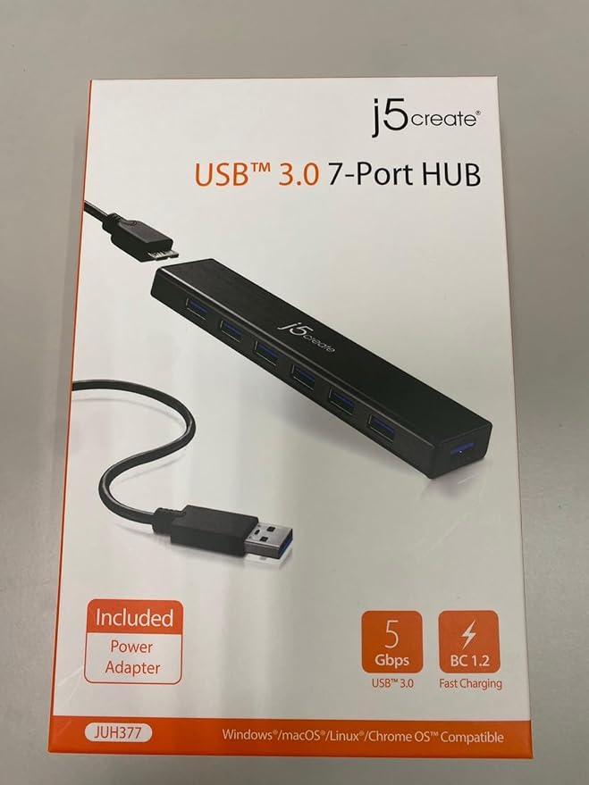 j5create 7-Port Powered USB 3.0 Data Hub with 3.3 ft Extended Cable [20W Power Adapter Included] for Mac, MacBook, Windows, Laptop, Surface, XPS, PC (JUH377)