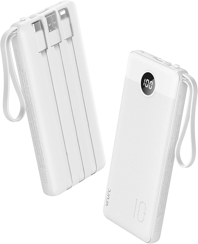 VRURC Portable Charger, 22.5W Power Bank 10000mAh, USB-C Cable in & Out Fast Charging Battery Pack, Compact Travel Essential 4 Outputs 3 Inputs for iPhone 16 15 14 13,Samsung, Android etc-White