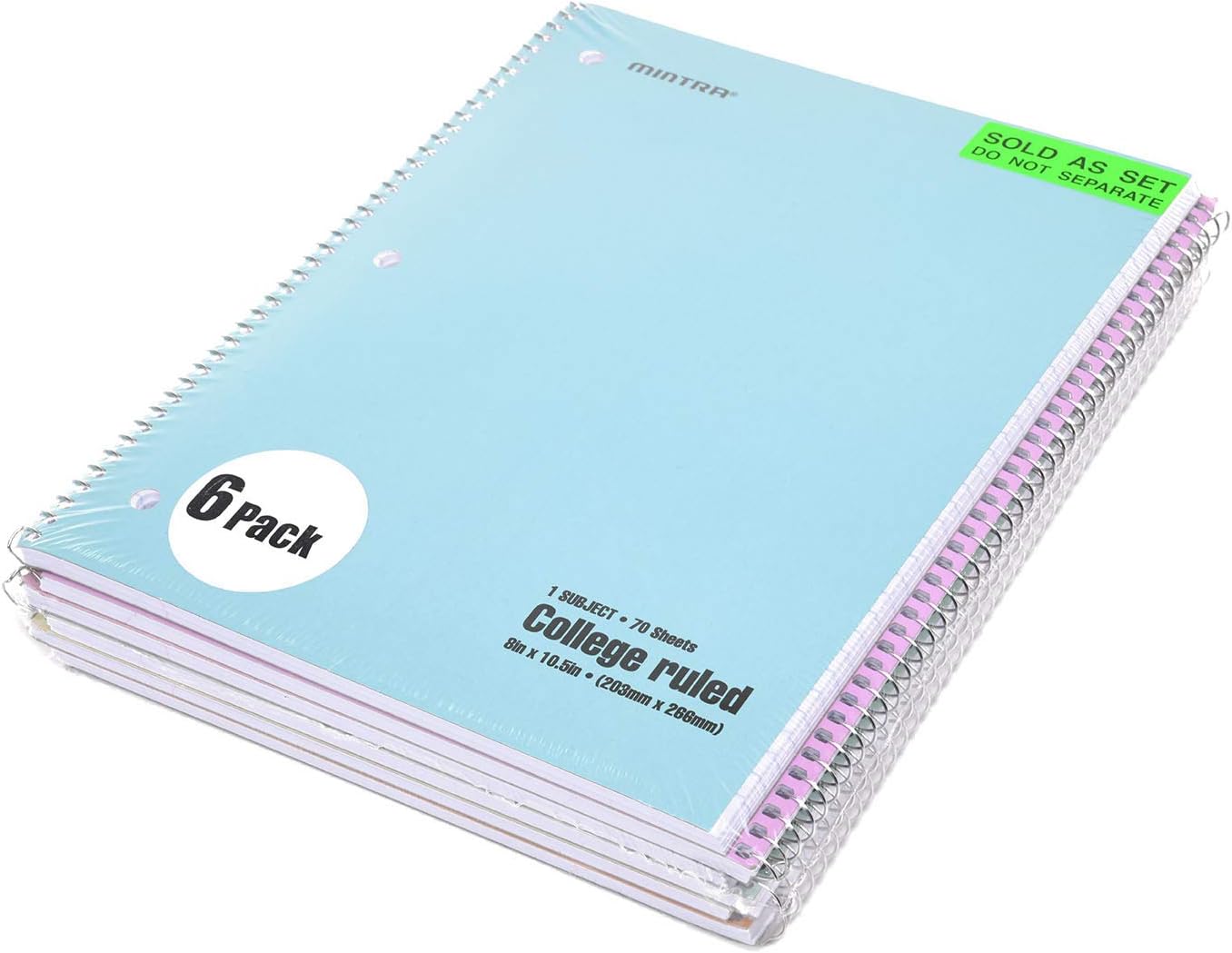 Mintra Office Spiral Notebooks - 1 Subject, 70 Sheets, College Ruled, 8in x 10in, Bulk Pack, Pastel Covers, Set of 6 - for School, Office, Business, Professional (04693)