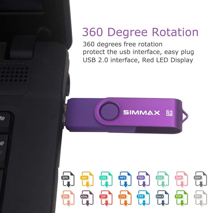 USB Flash Drives 2 Pack 64GB Memory Stick Swivel Design USB 2.0 Flash Drive Thumb Drive Zip Drives (64GB Red Purple)