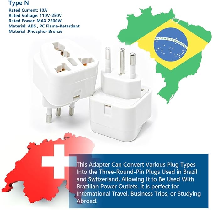 US to Argentina and Uruguay Travel Adapter Type I,Travel Plugs for Argentina ，Universal to Brazil/Australia/Switzerland Type N, Power Plugs Pack of 2 （White ）