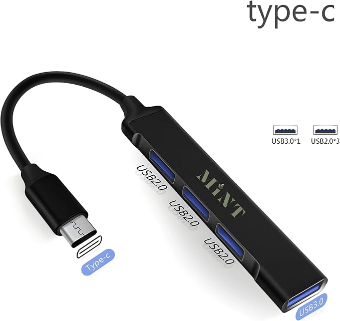MINT USB-C Hub 4-Port Compact Adapter – 1× USB 3.0 High-Speed + 3× USB 2.0, Ultra-Slim Portable Splitter for Laptop, MacBook, PC