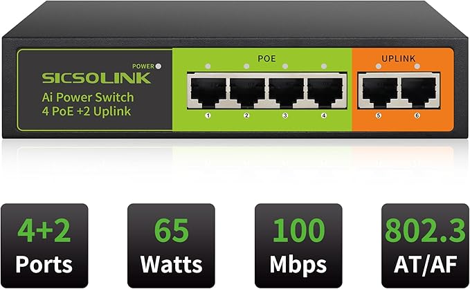 6 Ports PoE+ Switch, 4 PoE+ Ports, 2 Uplink, IEEE 802.3af/at, Total 65W, 100Mbps, Unmanaged, Metal case, Suitable for IP Cameras,Networking Devices & Home Office.