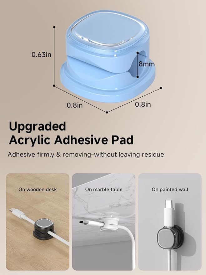 9 Pack Cord Organizer, Spring Cable Management, Adhesive Cute Cable Holder Clips, Phone Charger Wire Keeper for Desk Nightstand Car Office (9-Pack White_Blue_Black)