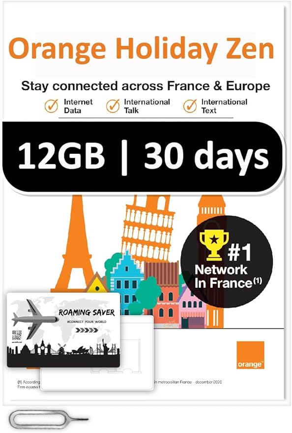 Orange Holiday Europe Prepaid Sim 12GB Internet Data | 30 Days-Use | Data tethering Allowed | 30min & 200 SMS from Europe to Any Country Worldwide+1 Sim Card Holder+1 Pin