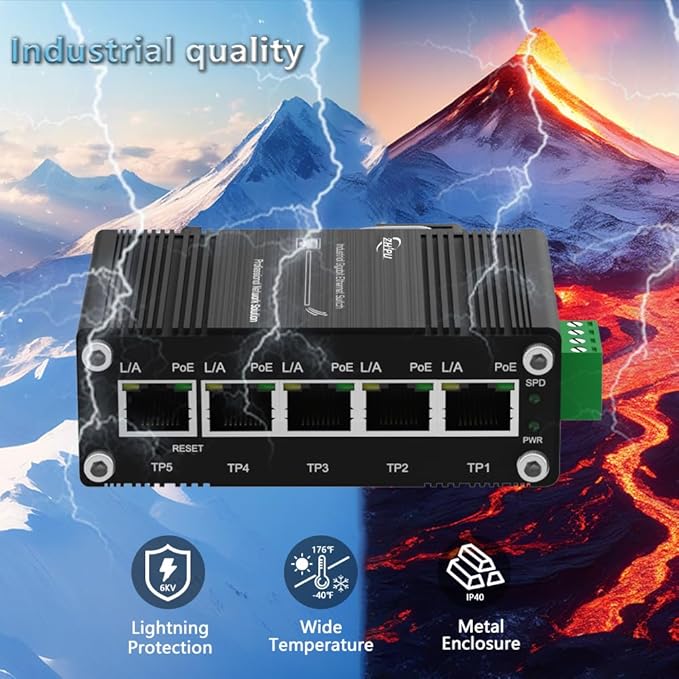 Mini Industrial Managed 5 Port Gigabit PoE Switch, IEEE 802.3af/at 120W Total PoE Budget, Smart Web Management with QoS, VLAN, Port Mirroring & Loop Detection, Rugged Industrial Design -40°C to 80°C