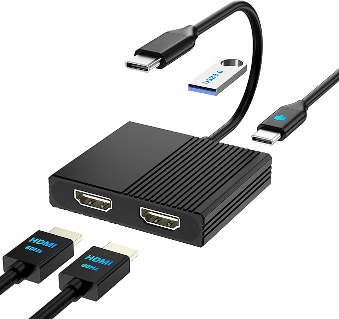 HDMI Splitter for Dual Monitors, 4K@60Hz USB C to Dual HDMI Adapter for Dell/HP/Mac Laptops with PD, USB3.0, Double HDTV Adapter for 2 Monitors, HDTV Splitter Extended Display, USB-C Hub Multiport