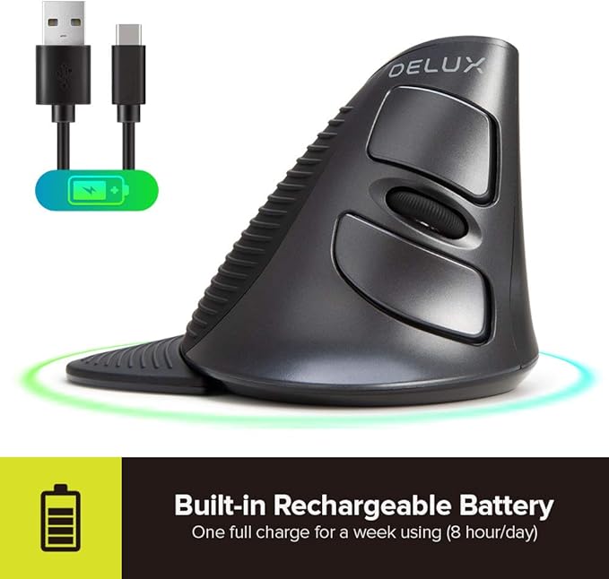 DeLUX Rechargeable Ergonomic Wireless Mouse Silent, 1600DPI, Reduce Hand and Wrist Pain, Vertical Mouse with USB Receiver and BT 5.0, 6 Buttons and Removable Palm Rest (M618G DB-Black)