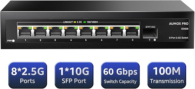 9 Port 2.5Gb Unmanaged Ethernet Switch with 8* 2.5G Base-T Ports, 1*10G SFP Ports, AUMOX PRO 60Gbps Switching Capacity Compatible with 100/1000/2500Mbps Plug and Play