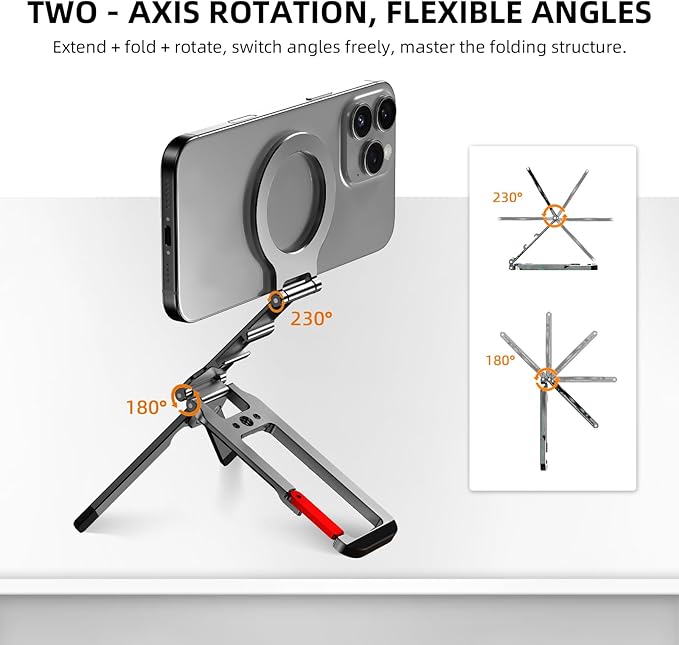 Magnetic Phone Tripod Stand for iPhone, Aluminium Lock Mini Tripod with Arca-Swiss, for MagSafe Smartphone Holder Quick Mount with 1/4'' Screw Hole and Cold Shoe for iPhone 17 16 15 14 13 12