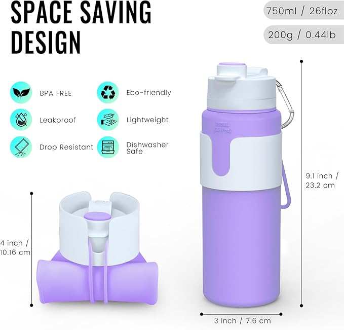 Nefeeko Collapsible Water Bottle, BPA Free 26oz Foldable Water Bottle for Travel Sports, Leak-Proof Spill-Proof Portable Water Bottles with Carabiner, Lightweight