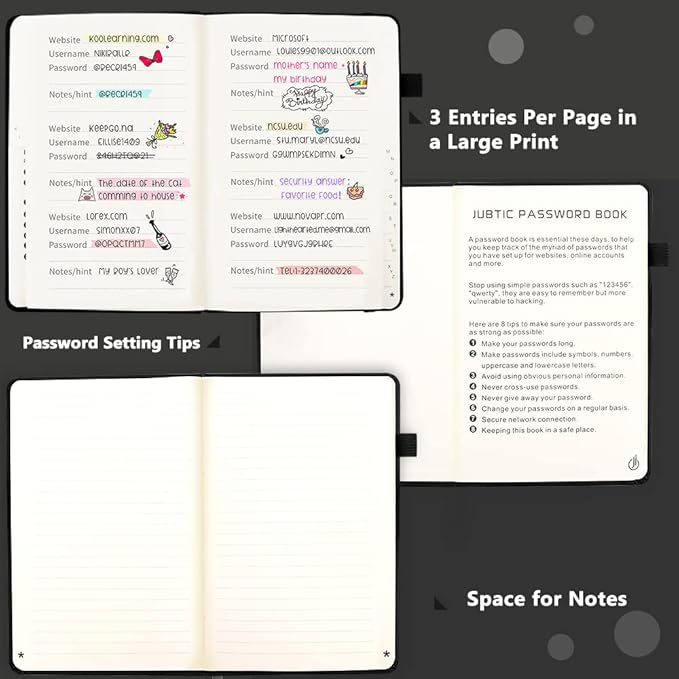 JUBTIC Password Book with Alphabetical Tabs Small Password Keeper with Inner Pocket Record Log in Internet Address Password Notebook Journal Hardcover Password Organizer for Home Office, Black