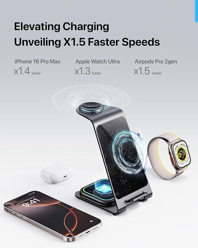 Intoval 3 in 1 Wireless Charging Station for iPhone 17 16 15 14 13 12 11 X Pro Max, Wireless Charger for Apple Watch Ultra 3 SE 9 8 7 6 5 4 3 2, for AirPods 4 Pro Pro 2 3 (Y93, Grey)