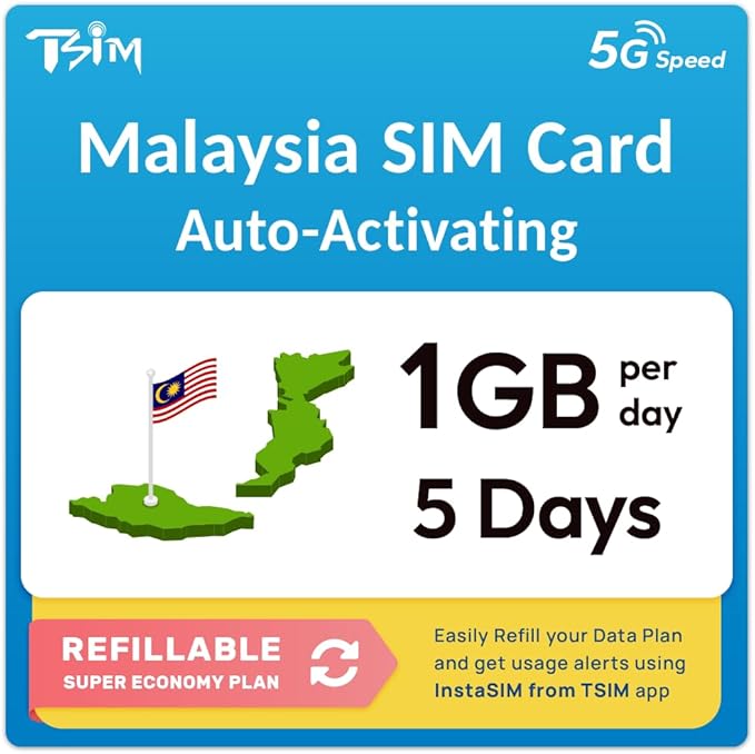 Malaysia SIM Card | 5 Days 1GB/Day | Auto Activation | Hotspot Allowed | No Phone Number | Refillable Plan via Insta Sim App