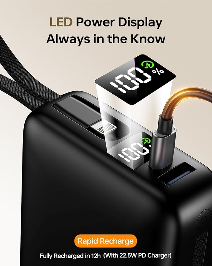 Portable Charger 50000mAh Power Bank, Portable Phone Charger with 2 Built in Cables, 22.5W Fast Charging Travel Essentials Battery Pack for iPhone, iPad, MacBook, Android, Samsung Galaxy etc.