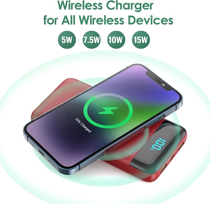 Wireless Portable Charger 30,800mAh 15W Wireless Charging 25W PD QC4.0 Fast Charging Smart LED Display USB-C Power Bank,4 Output& 2 Input External Battery Pack Compatible with iPhone,Samsung etc-Red
