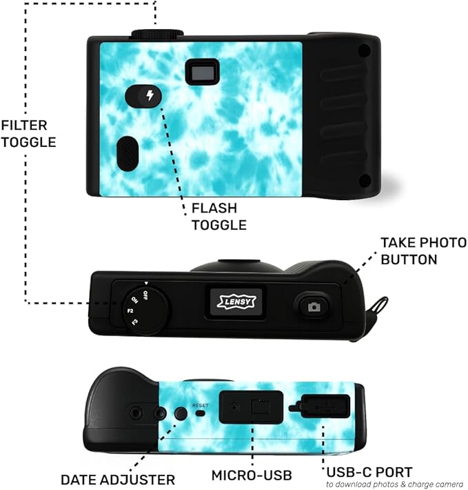 LENSY Screen Free Digital Camera | Four Built in Filters | Rechargeable, 8mp, Lightweight, Focus-Free, Auto-Flash, Easy-to-Use, Reusable, Retro Film-Style Photos (Blue Tie Dye)