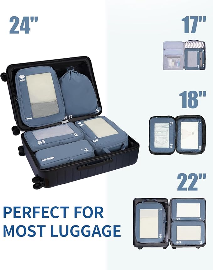 ECOHUB 5 Set Compression Packing Cubes for Suitcases Organiser Bags Set Travel Essentials with Shoe Bag for Traveling Tear-resistant Travel Accessories with ID Tag Expandable Packing Bags(All Blue)