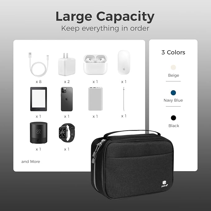 pack all Electronic Organizer Plus, Larger Capcity Cable Organizer Bag, Shockproof Carrying Case, Portable Cord Travel Organizer Storage Bag for Cables, Chargers, Phones, USB, SD Cards(Black)