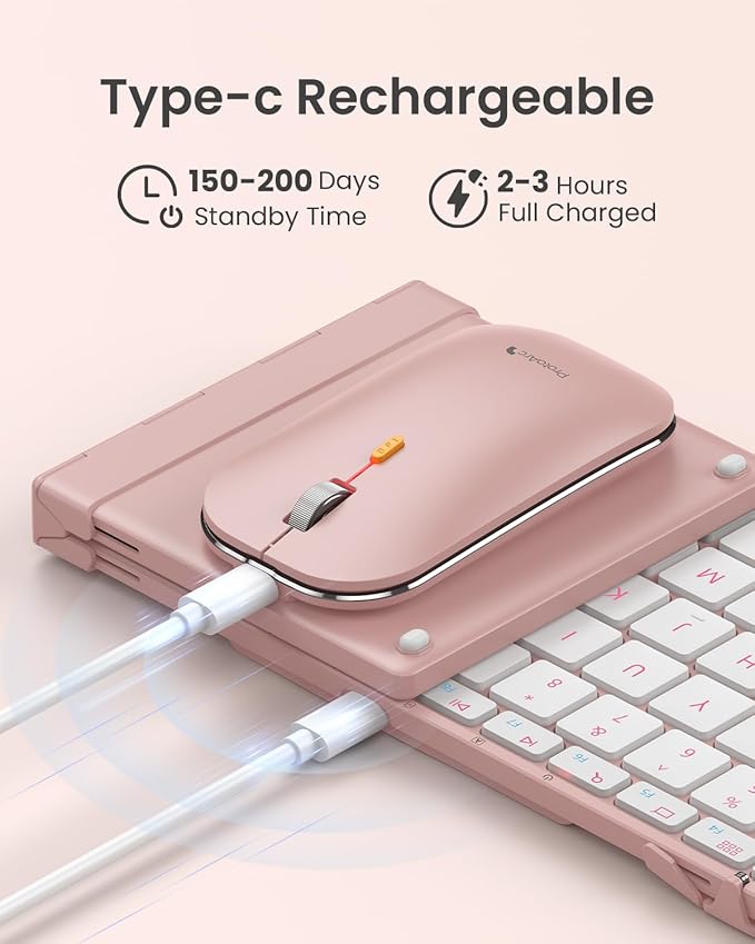 ProtoArc Foldable Keyboard and Mouse, XKM01 True Full-Size Folding Wireless Keyboard Mouse Combo for Business Travel, a Portable Office Suite On-The-Go, Compatible with Laptop iPad Tablet - Pink