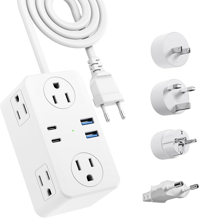 European Travel Plug Adapter, EU/UK/US Travel Adapter Power Strip, 6 AC Outlets, 20W USB C Power Delivery, 3ft Wrapped Around Extension Cord, Compact for Travel