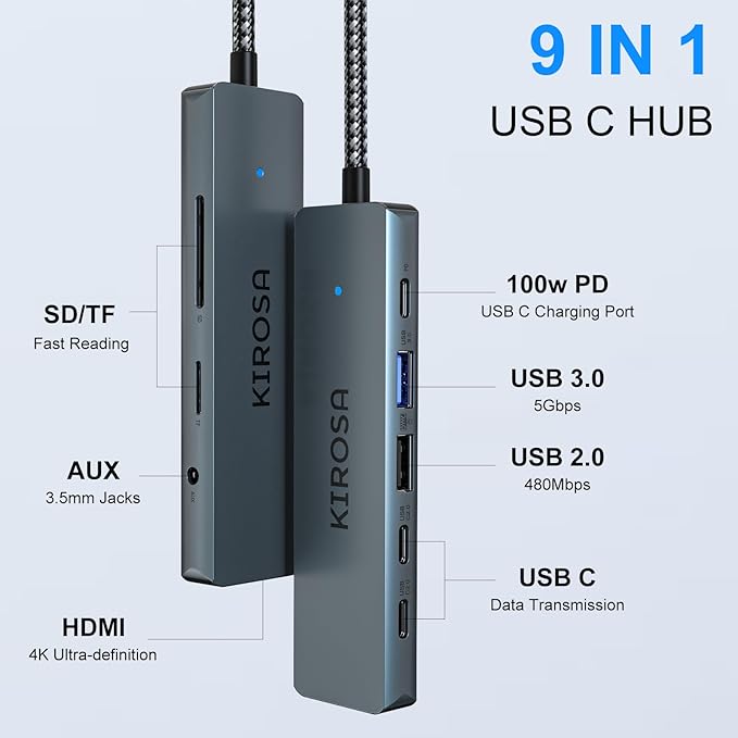 9IN1 USB C Hub Multiport Adapter for MacBook Pro Air: KIROSA USB C to 4K HDMI Hub Dongle with 100W PD USB3.0 - Portable USBC Hub Compatible with Laptops and Other Type C Devices