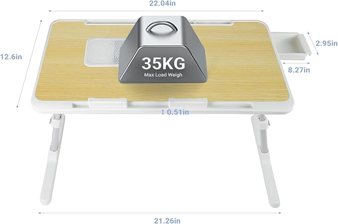 Laptop Lap Desk Include Cooling Fan,Adjustable Lap Desk with Light Fan,Folding Laptop Desk for Bed with USB,Bed Desk with Storage Drawer 56x32cm,White Oak