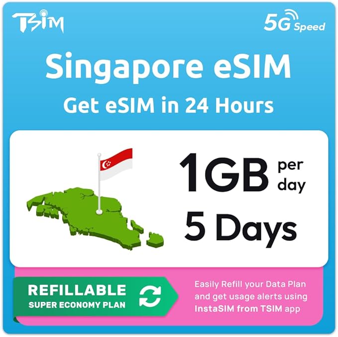 Singapore eSIM | 5 Days 1GB/Day | Auto Activation | QR Code Sent via Email in 24Hrs - Scan & Use Immediately | Hotspot Allowed | No Phone Number | Refillable Plan via Insta Sim App