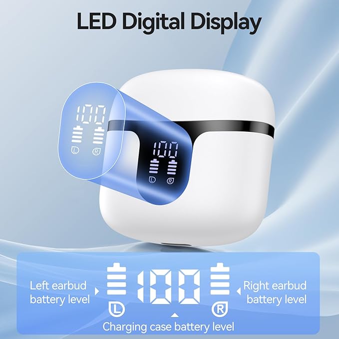 Wireless Earbuds, 2025 Bluetooth 5.3 Headphones HiFi Stereo 50H Playback Ear Buds with Led Digital Display, ENC Noise Cancelling Earbuds for Laptop Computer, iOS, Android, White