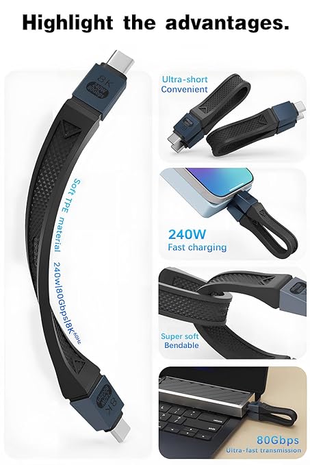 Duttek 80Gbps Short USB C Cable 5inch [ 240W PD,16K/8K@60Hz Video, 120Gbps Bandwidth Boost] Thunderbolt 4 Cable Compatible with iPhone 16, MacBook, Thunderbolt 5, SSD, MacBook,USB 4 Grey