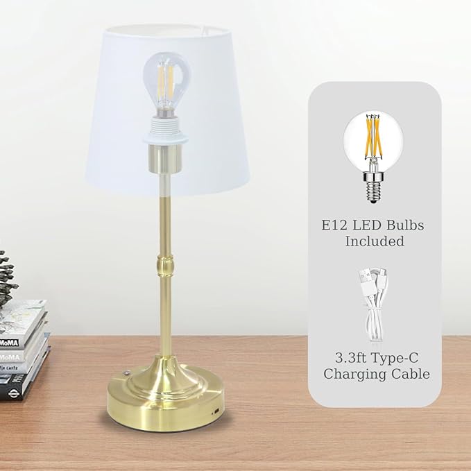 Cordless Lamp, Rechargeable Battery-Operated Lamp with Fabric Lampshades, 2 Pack Dimmable Desk Lamps for Kitchen, Bedroom, Living Room, Nightstand, Balcony, Home Décor (Gold)