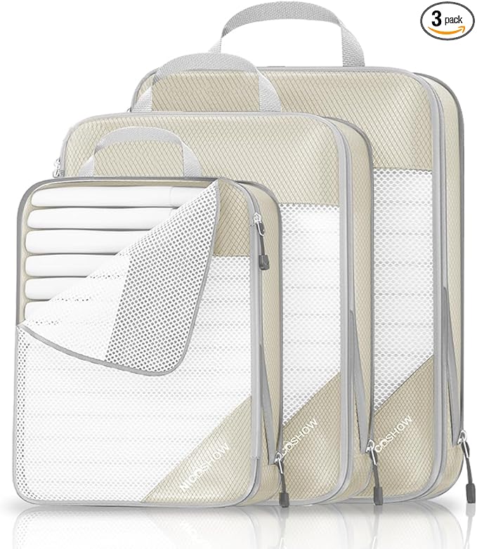 Compression Packing Cubes 3 Set, Compressible Space-Saving Packing Cubes for Travel - Compression Bags, Luggage Organizer, Travel Essentials for Women, Beige