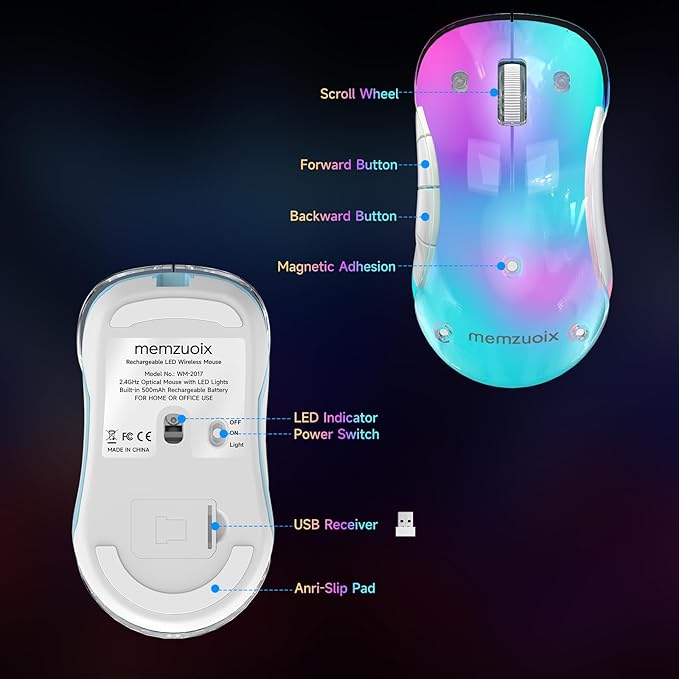 memzuoix 2.4G LED Wireless Mouse, Rechargeable Ergonomic Mouse with Detachable Cover, 1400 DPI Portable Optical Computer Mouse with USB Receiver for Laptop, PC, Desktop and MacBook, 5 Buttons-Blue