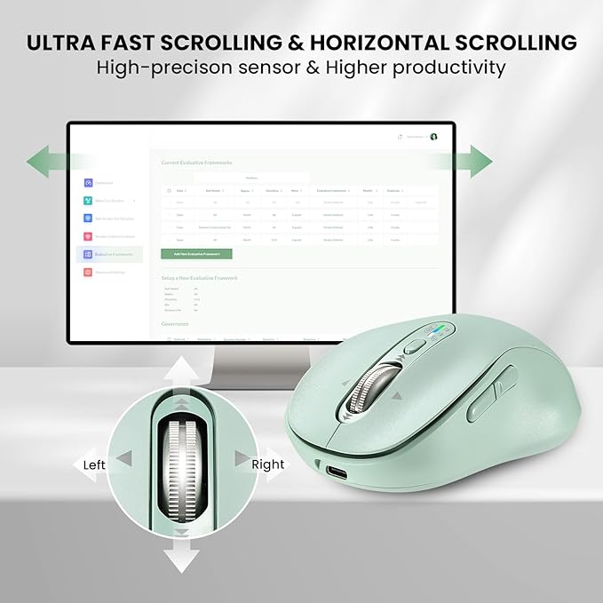 Wireless Bluetooth Mouse for Laptop,USB+BT×2,Quiet Ergo Computer Mouses,Metal 4-Way Super Scrolling,± 3200 DPI,Rechargeable,10 Button,Plug&Play,Multi Device Cordless Mice for iPad,Tablet,Mac,PC(Green)