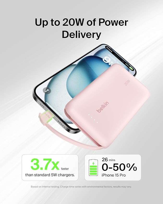 Belkin Portable Charger, Power Bank with Integrated Cable 10000 mAh 20W - Fast Charge USB C Power Delivery, iPhone Charger - iPhone 17, Air, Pro, Pro Max, iPad, Galaxy S25, & More - Pink