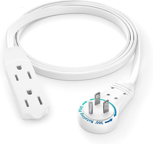 Maximm Cable 3 Ft 360° Rotating Flat Plug Extension Cord/Wire, 16 AWG Multi 3 Outlet Extension Wire, 3 Prong Grounded Wire - White - UL Certified