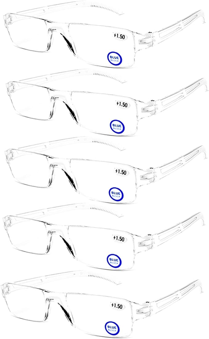AQWANO Clear Frame Reading Glasses, 5 Pack Frameless Readers Computer Blue Light Blocking Lightweight for Women Men,1.75